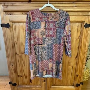 Mely Tunic Top Paisley Patchwork Print‎ 3/4 Zipper in Back Faux Suede Women's L